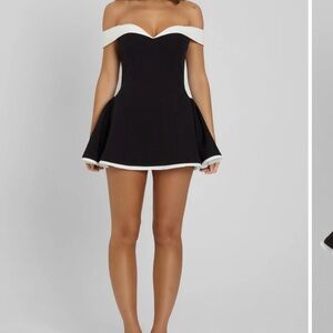 LEAU clothing dress. Elegant Black and White Off-Shoulder Dress